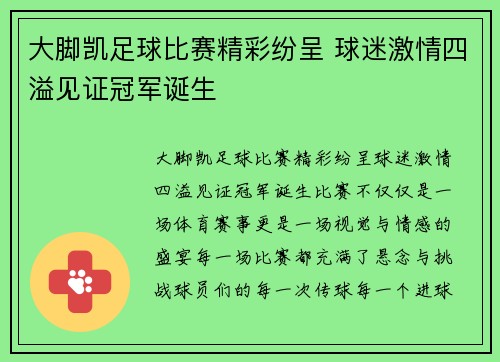 大脚凯足球比赛精彩纷呈 球迷激情四溢见证冠军诞生